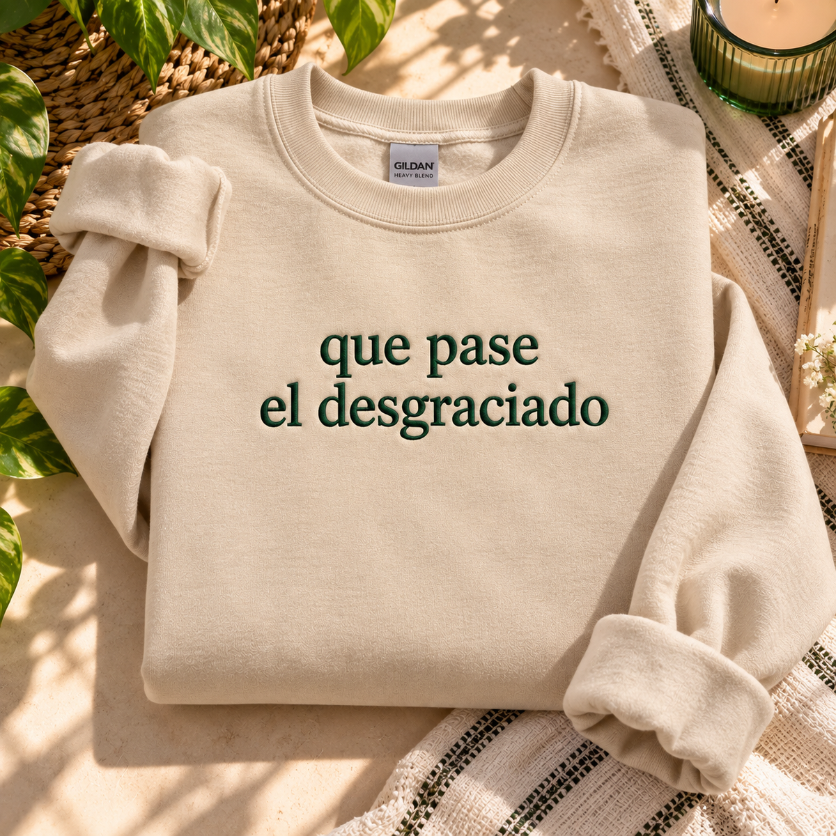 Sand crewneck sweatshirt with green Que Pase El Desgraciado embroidery