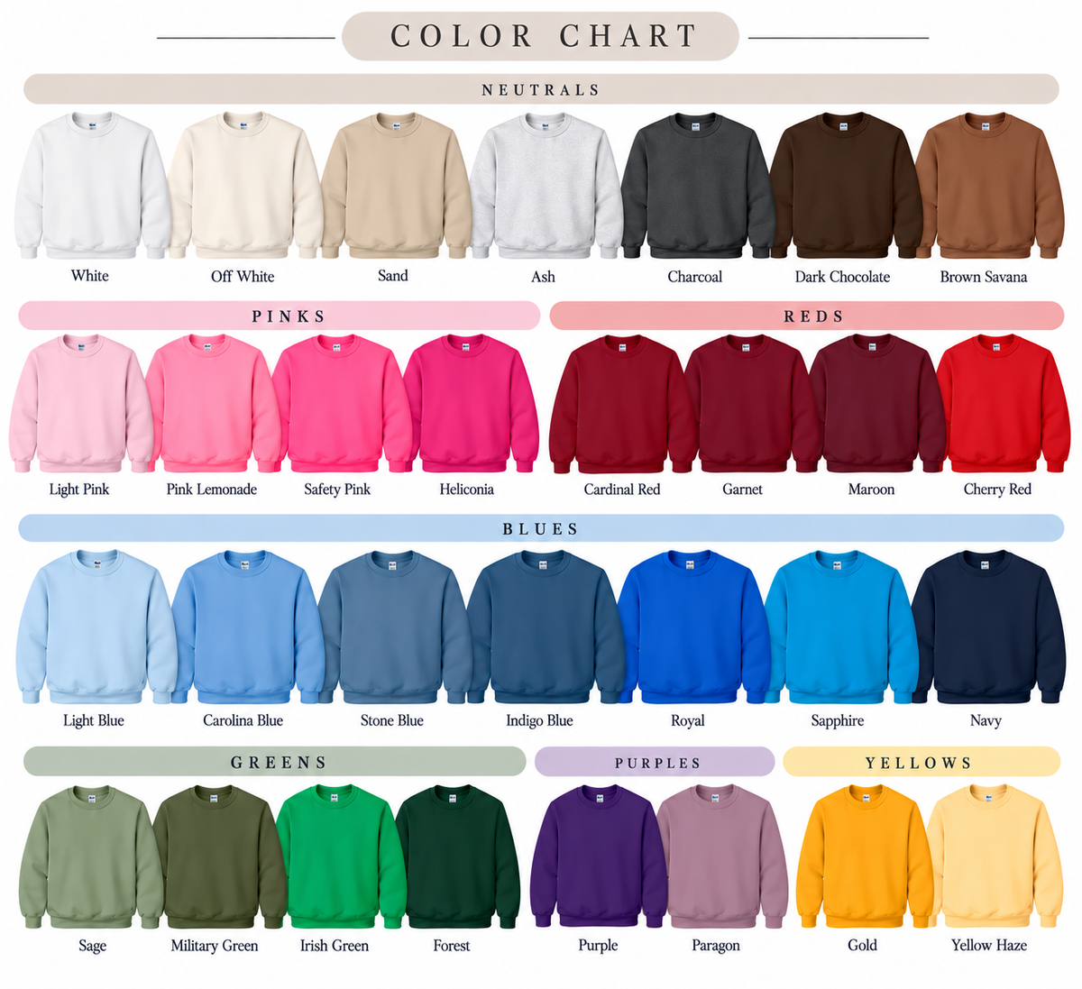 Sweatshirt color chart showing available color options for the embroidered crewneck