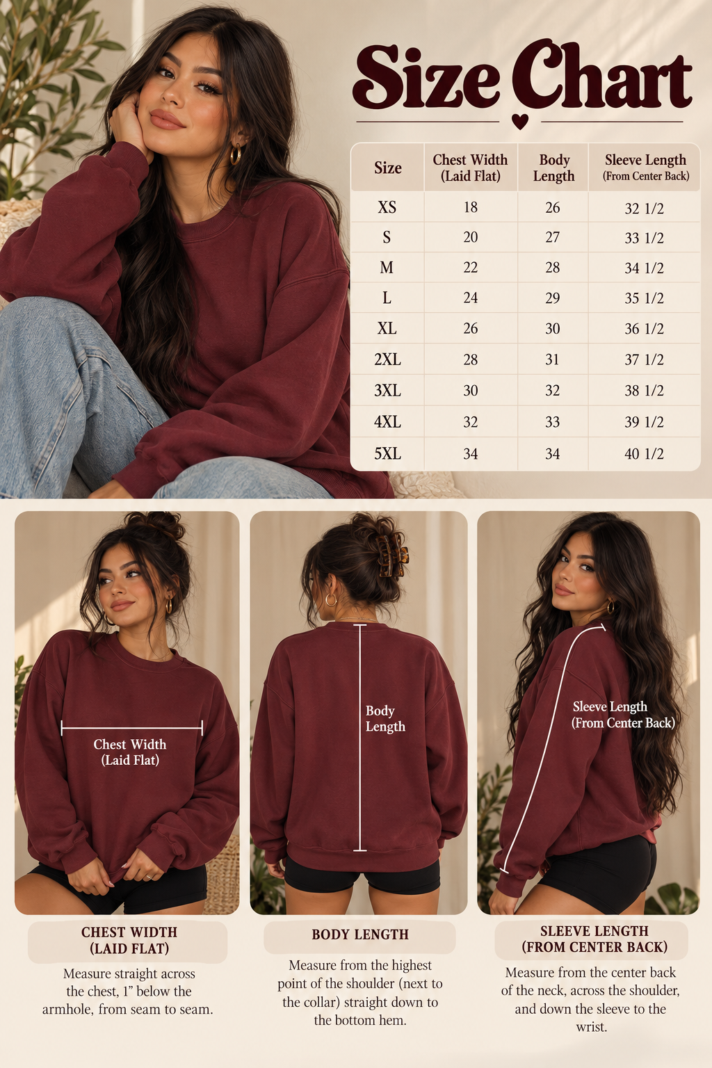 Unisex embroidered crewneck sweatshirt size and fit chart