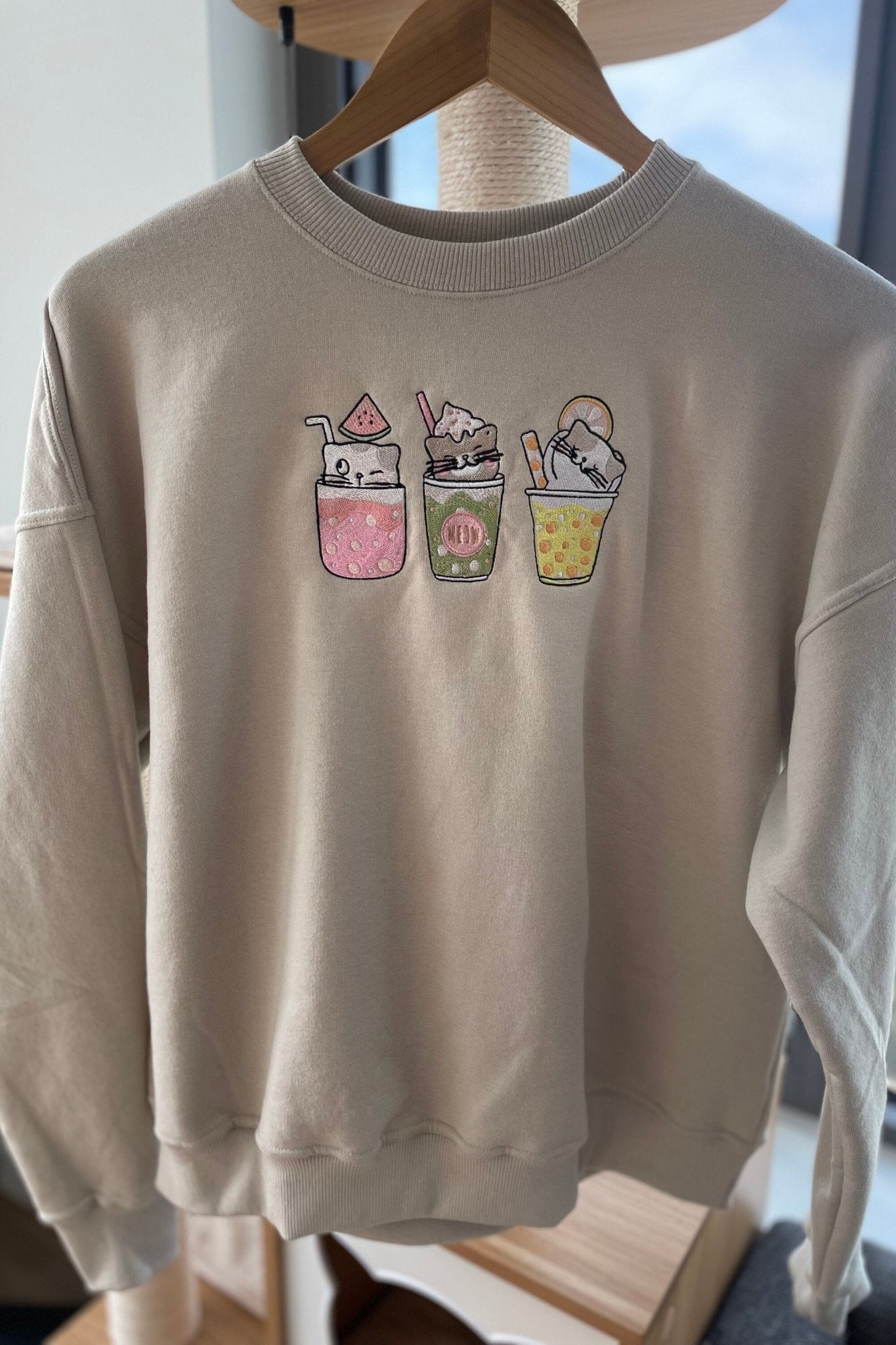 Boba Tea Cat Crewneck Sweater Embroidered - Embroiderzilla