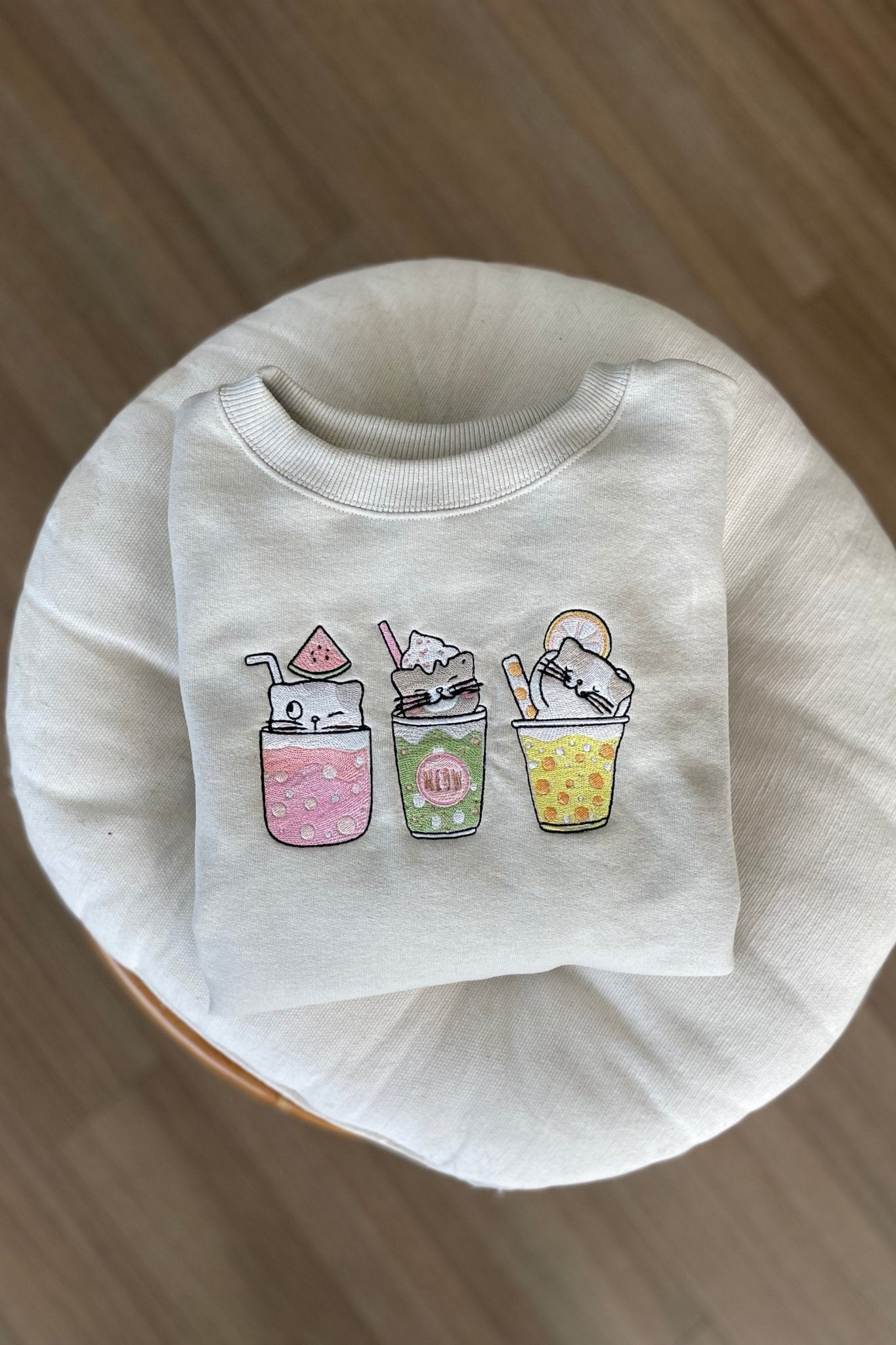 Boba Tea Cat Crewneck Sweater Embroidered - Embroiderzilla