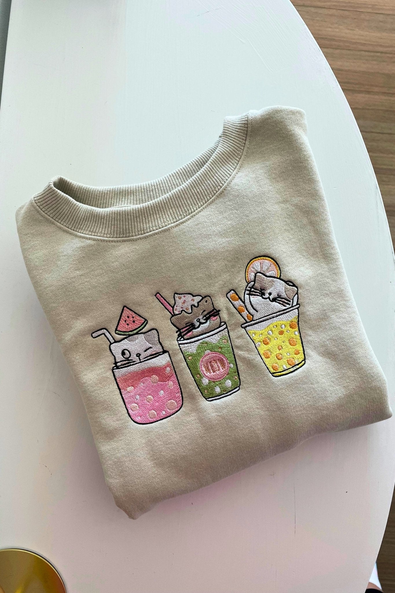 Boba Tea Cat Crewneck Sweater Embroidered - Embroiderzilla