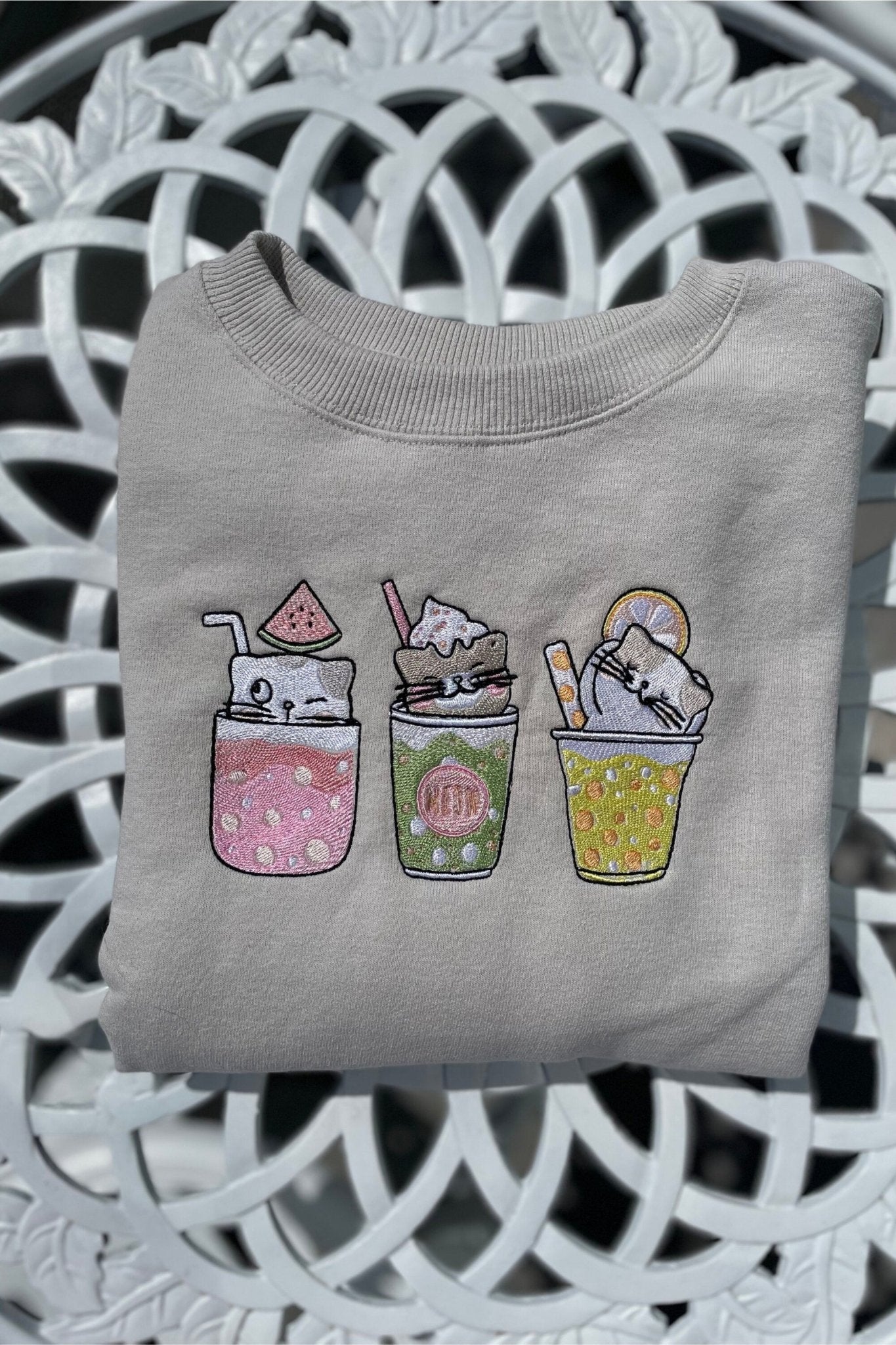 Boba Tea Cat Crewneck Sweater Embroidered - Embroiderzilla