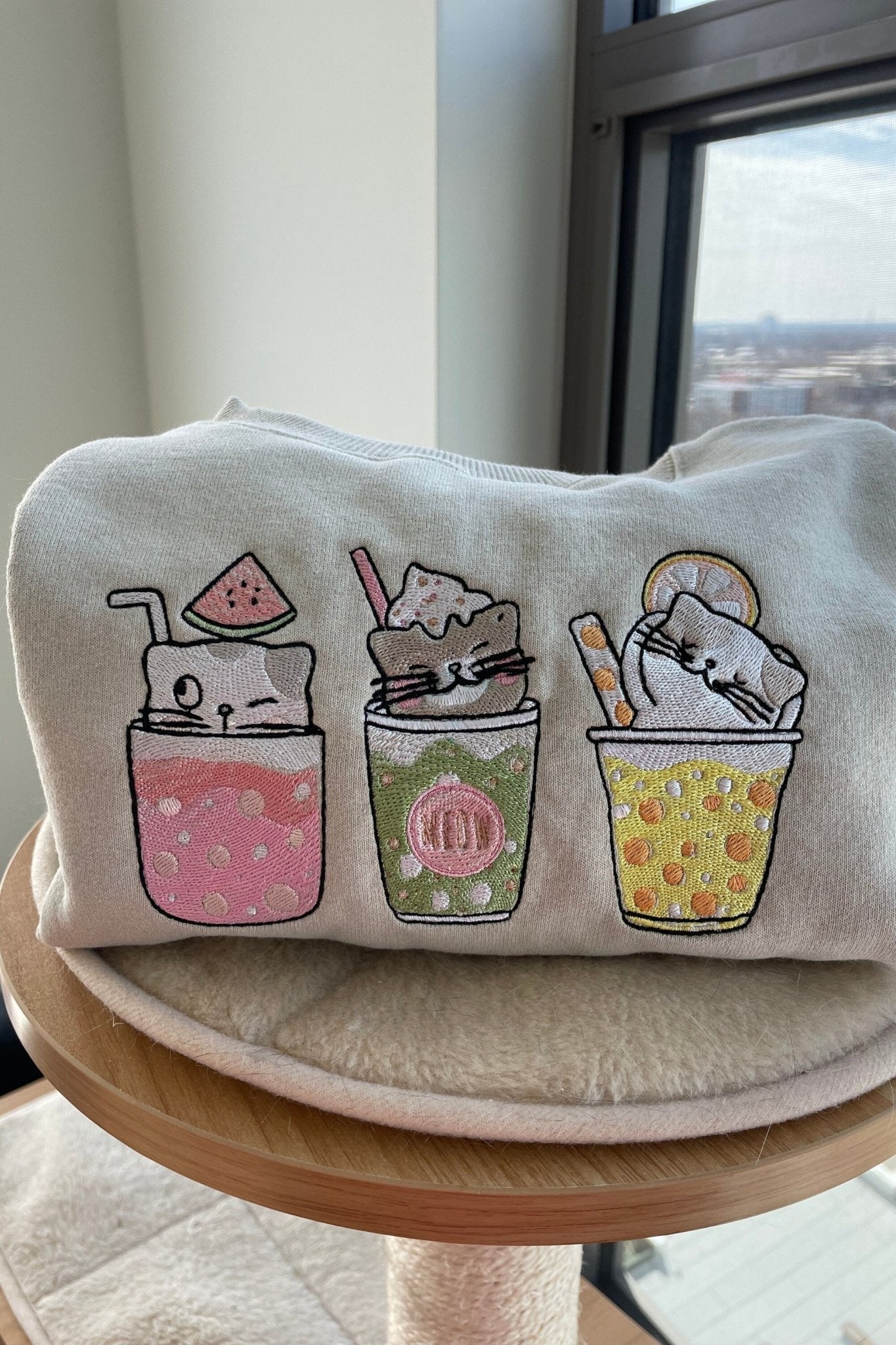 Boba Tea Cat Crewneck Sweater Embroidered - Embroiderzilla