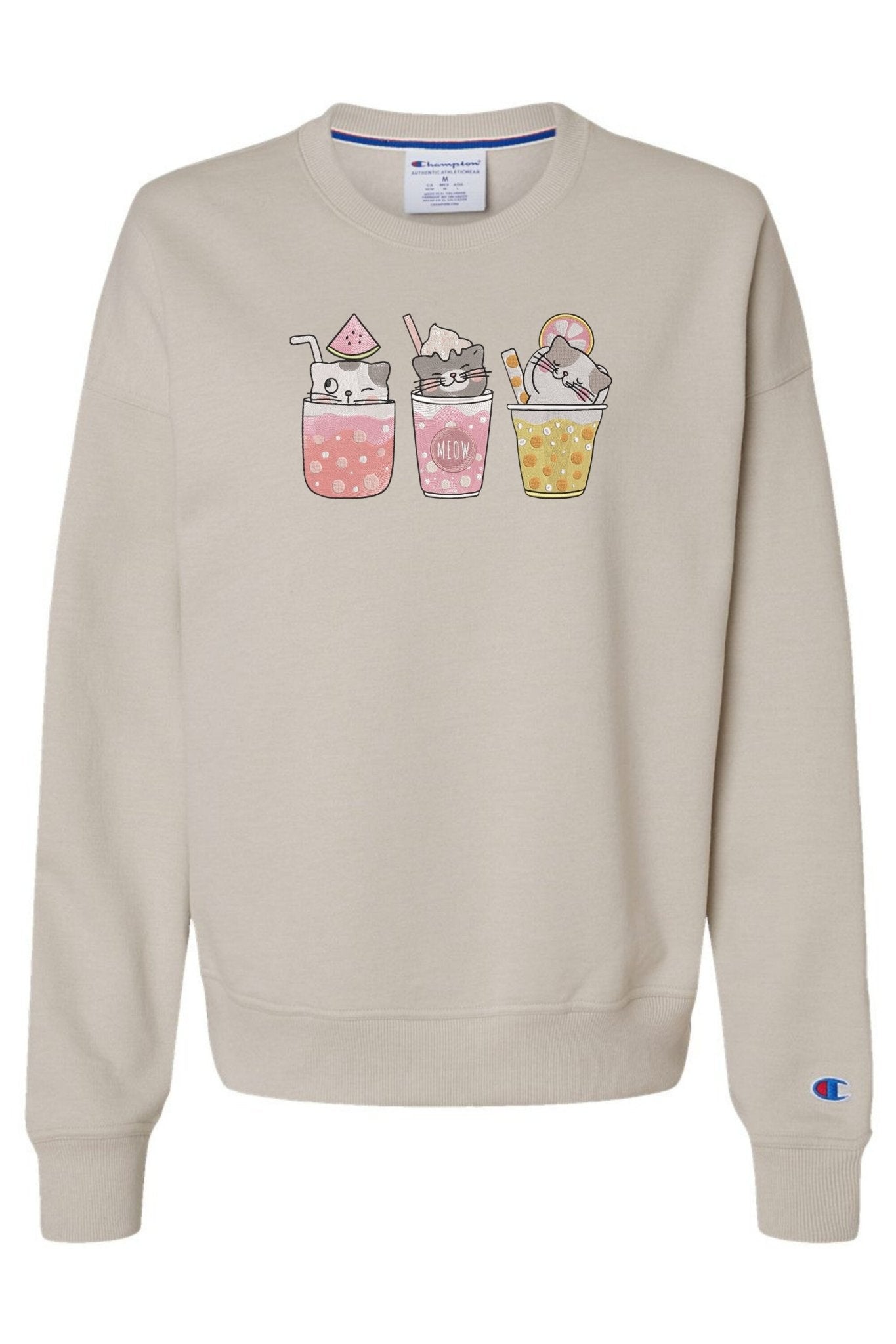 Boba Tea Cat Crewneck Sweater Embroidered - Embroiderzilla