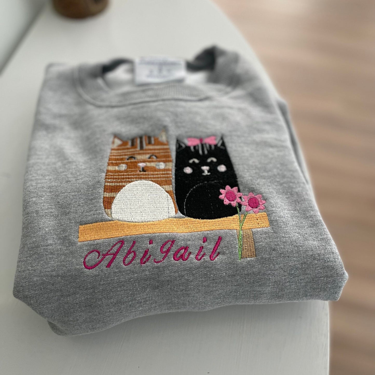 Cat Embroidered Crewneck Sweatshirt Customized Name - Embroiderzilla