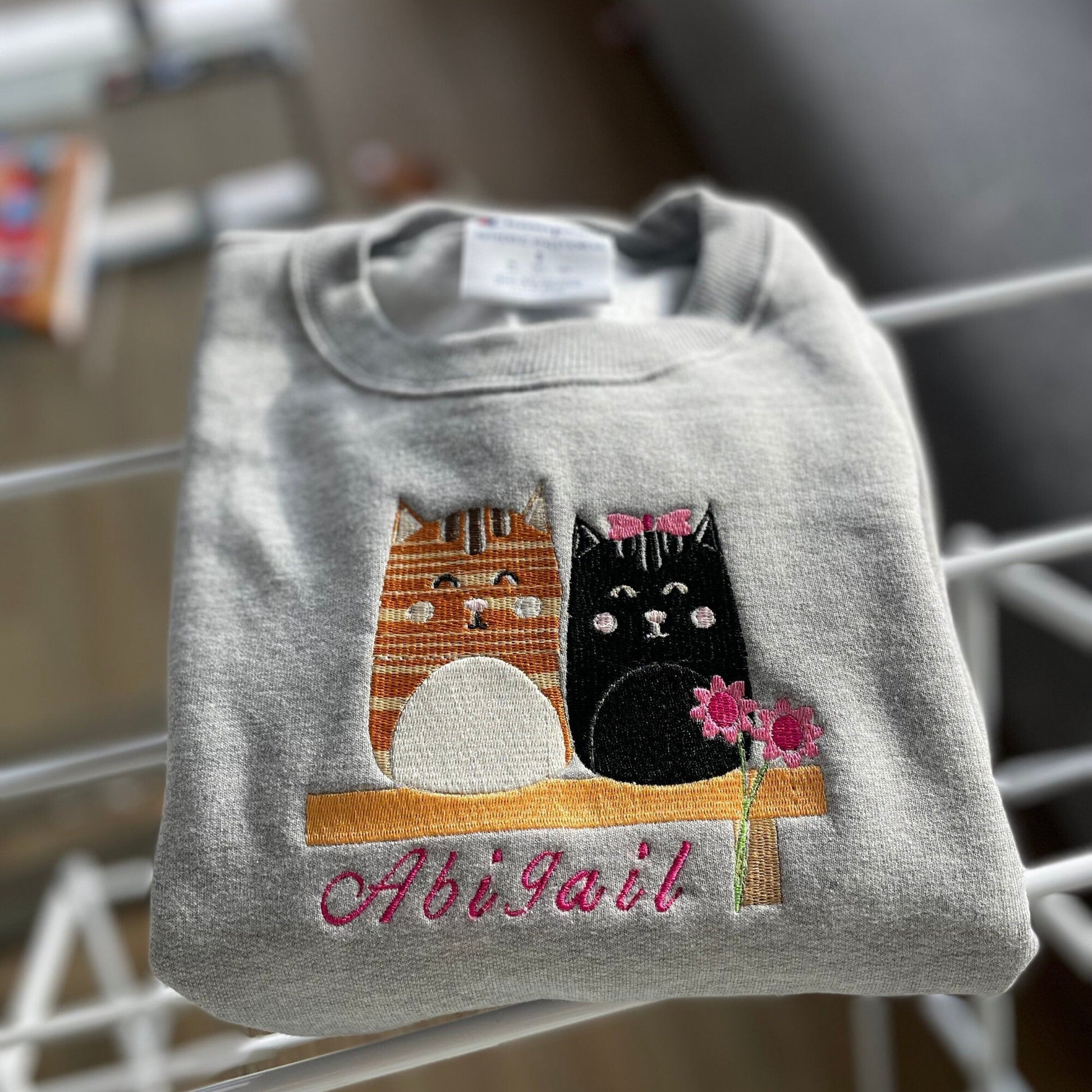 Cat Embroidered Crewneck Sweatshirt Customized Name - Embroiderzilla