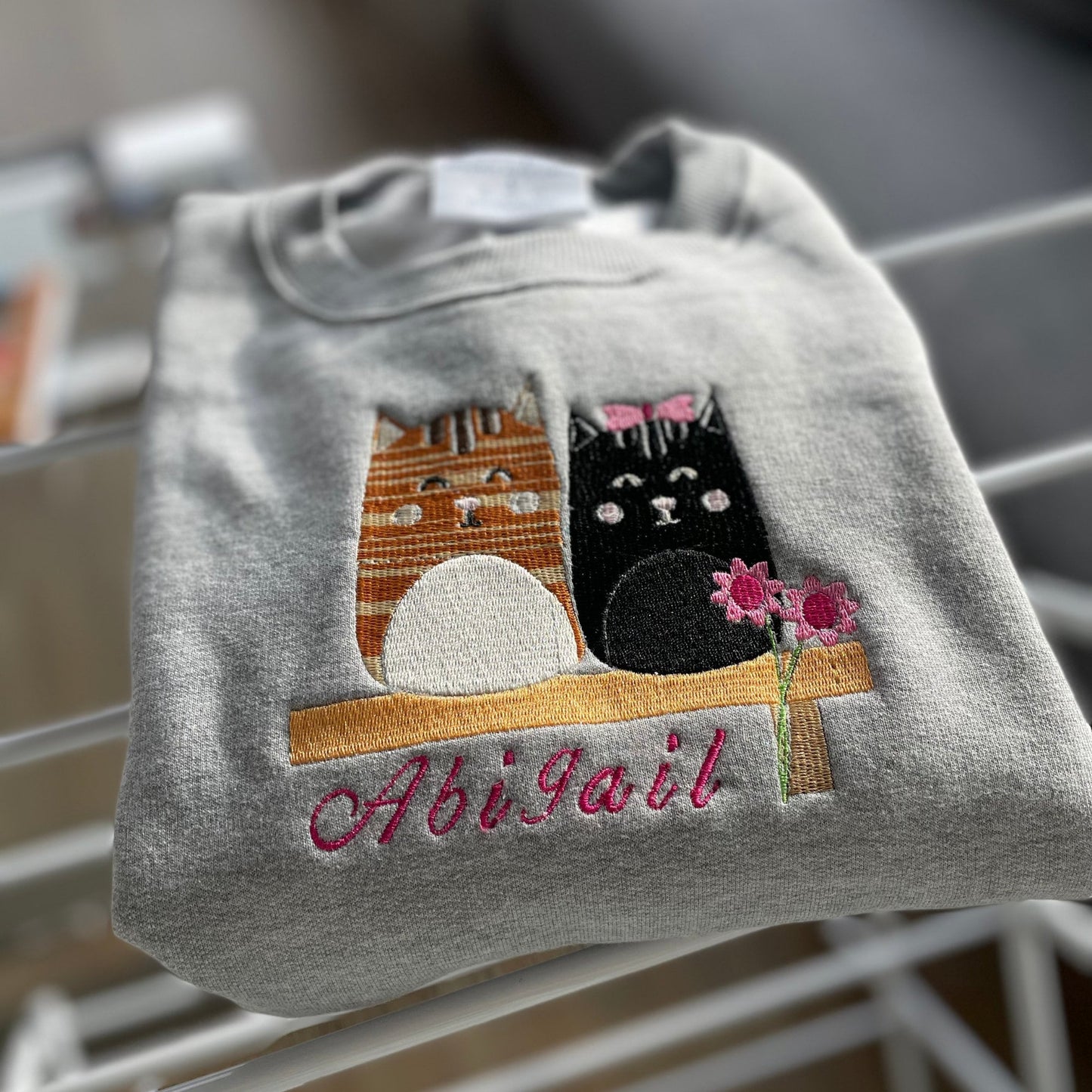 Cat Embroidered Crewneck Sweatshirt Customized Name - Embroiderzilla