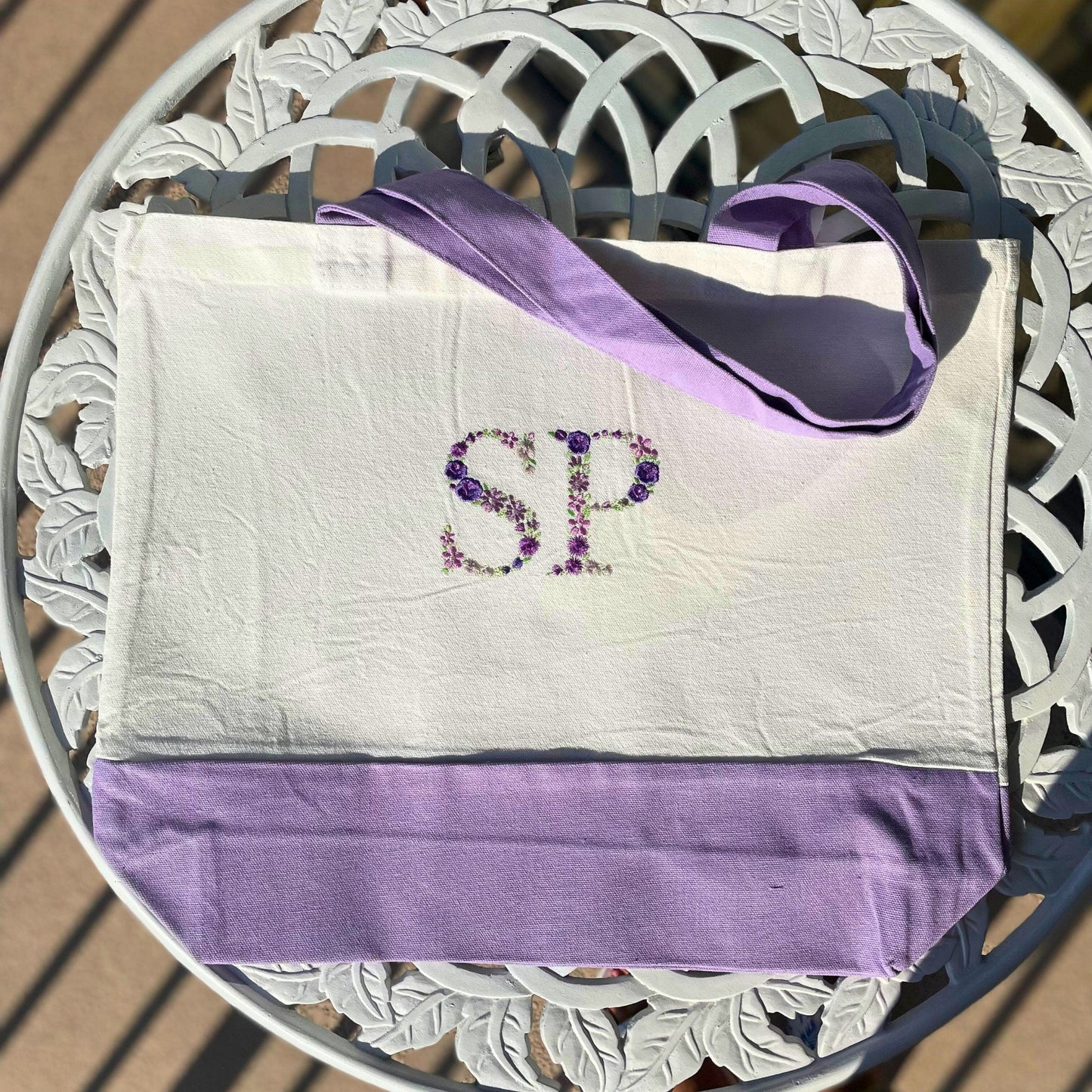 Custom Floral Initials Embroidered Tote Bag, Personalized Name Tote Bag - Embroiderzilla