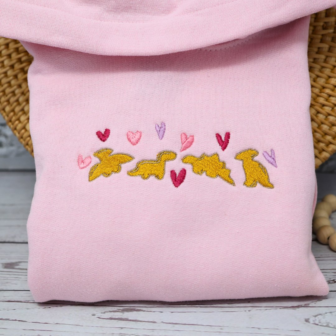 Dino Nuggets & Hearts Embroidered Kids Hoodie - Embroiderzilla