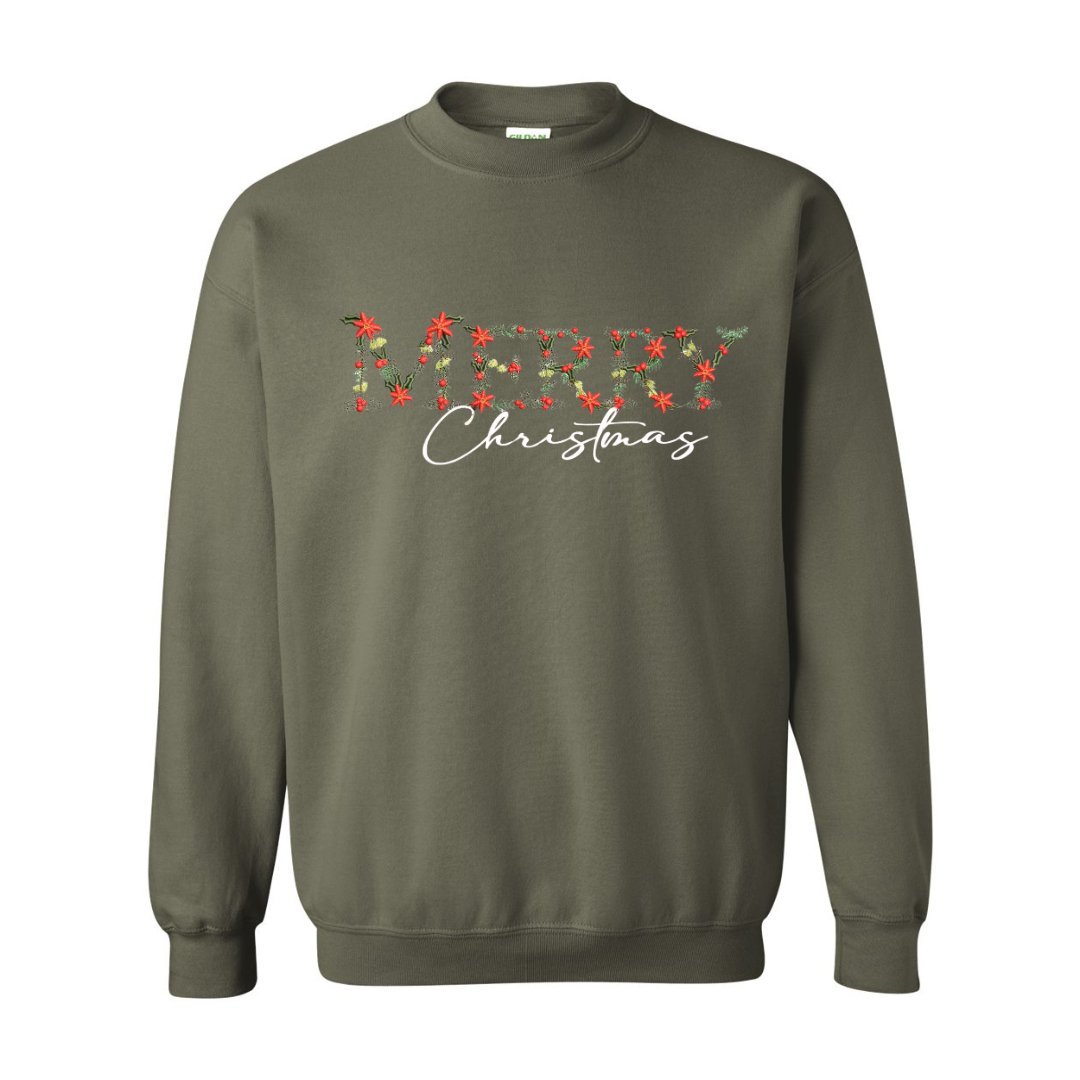 Festive Floral Wreath 'Merry Christmas' Embroidered Sweatshirt - Embroiderzilla