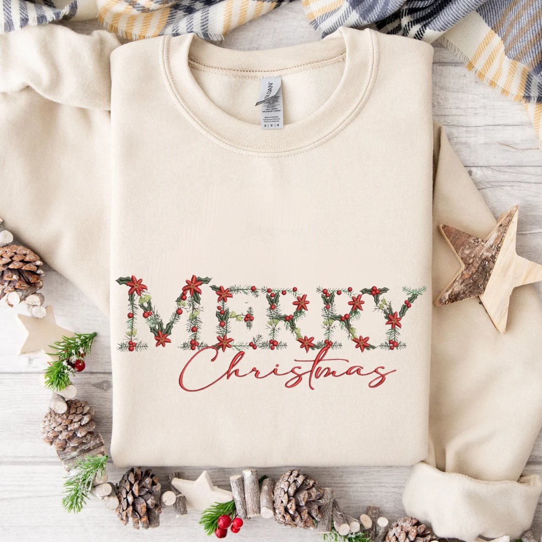 Festive Floral Wreath 'Merry Christmas' Embroidered Sweatshirt - Embroiderzilla