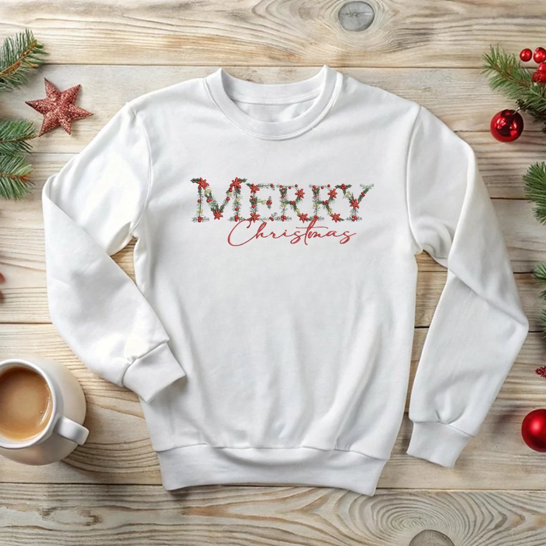 Festive Floral Wreath 'Merry Christmas' Embroidered Sweatshirt - Embroiderzilla