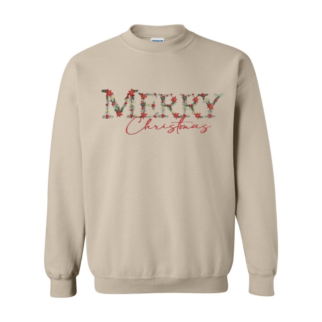 Festive Floral Wreath 'Merry Christmas' Embroidered Sweatshirt - Embroiderzilla