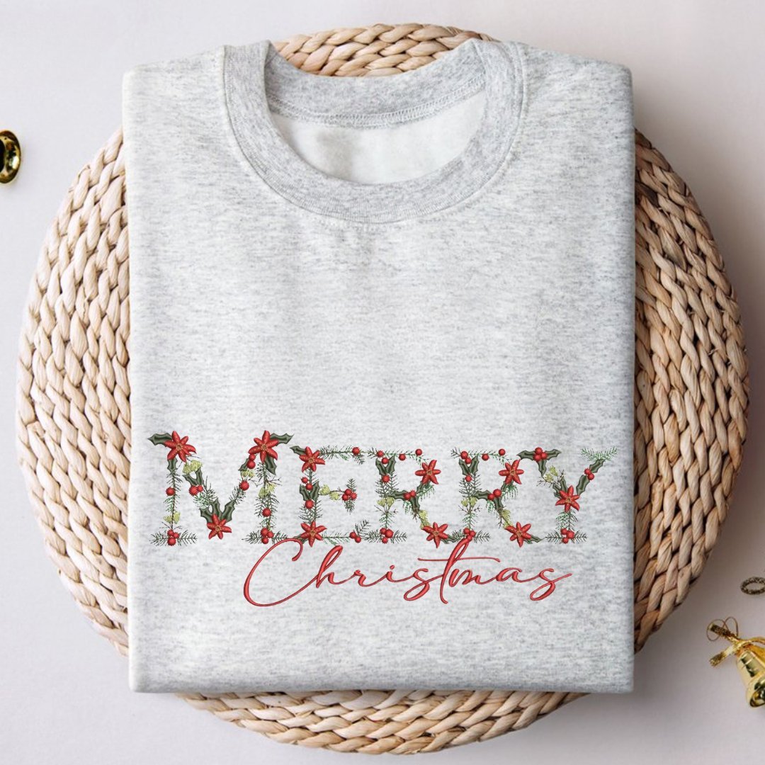 Festive Floral Wreath 'Merry Christmas' Embroidered Sweatshirt - Embroiderzilla