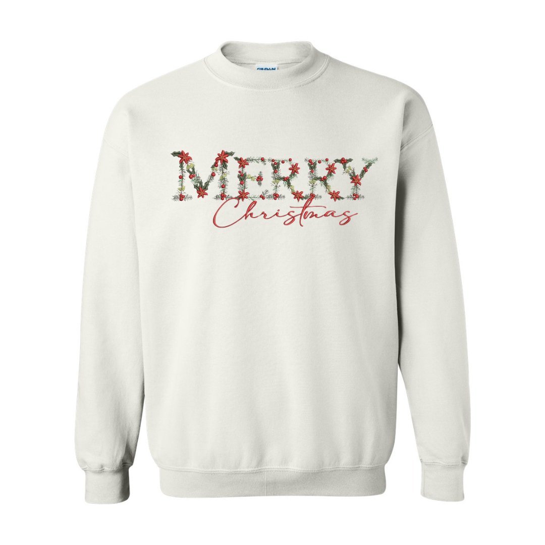 Festive Floral Wreath 'Merry Christmas' Embroidered Sweatshirt - Embroiderzilla