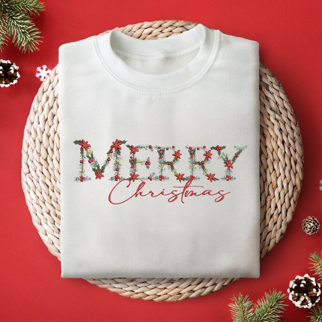 Festive Floral Wreath 'Merry Christmas' Embroidered Sweatshirt - Embroiderzilla