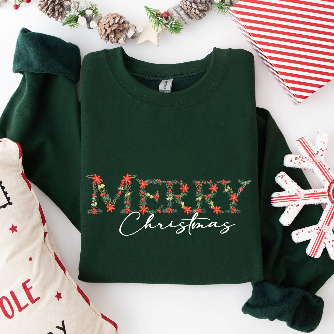 Festive Floral Wreath 'Merry Christmas' Embroidered Sweatshirt - Embroiderzilla