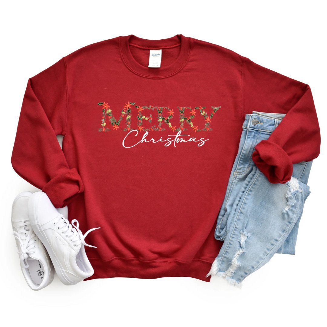 Festive Floral Wreath 'Merry Christmas' Embroidered Sweatshirt - Embroiderzilla