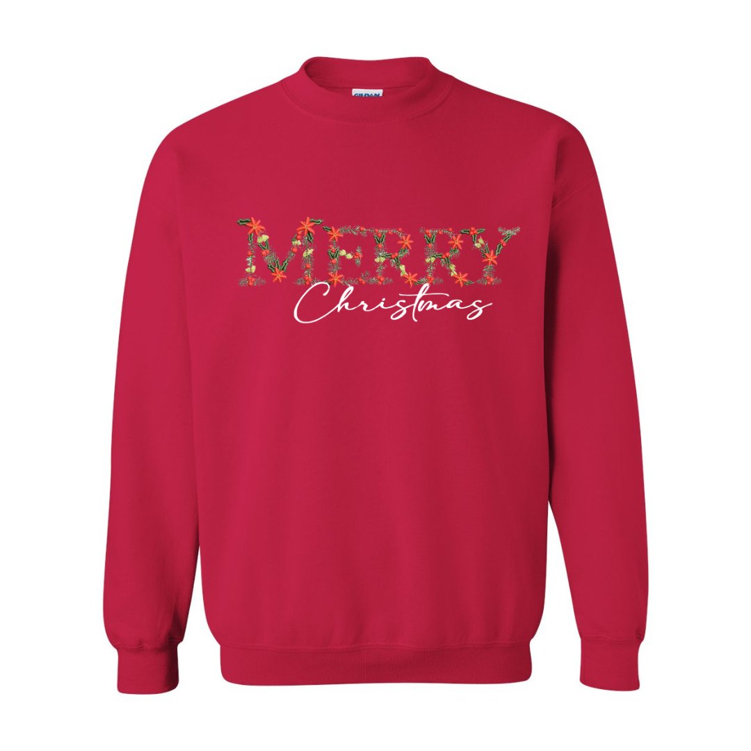 Festive Floral Wreath 'Merry Christmas' Embroidered Sweatshirt - Embroiderzilla