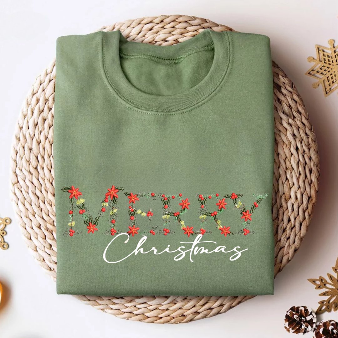 Festive Floral Wreath 'Merry Christmas' Embroidered Sweatshirt - Embroiderzilla