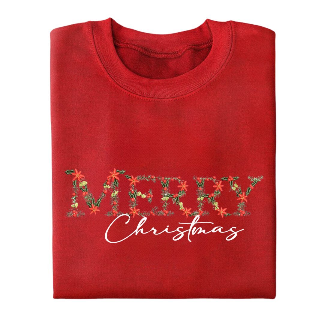 Festive Floral Wreath 'Merry Christmas' Embroidered Sweatshirt - Embroiderzilla