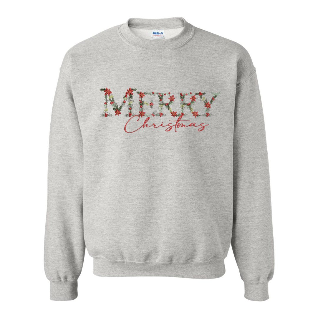 Festive Floral Wreath 'Merry Christmas' Embroidered Sweatshirt - Embroiderzilla