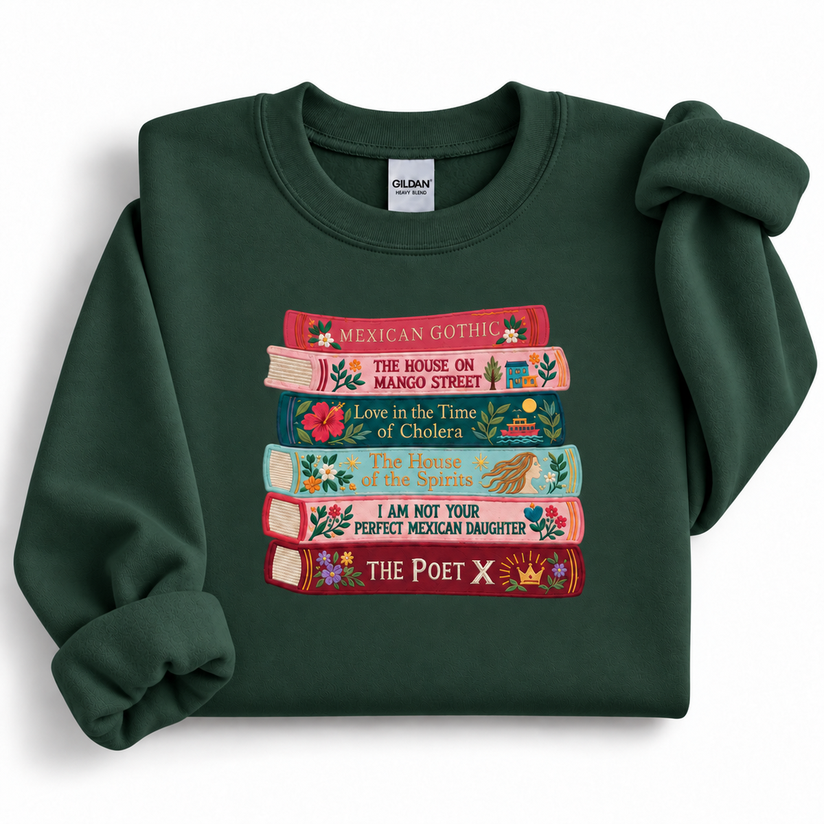 Forest green Gildan 18000 sweatshirt with colorful embroidered book spines inspired by Latina and Latin American literature.