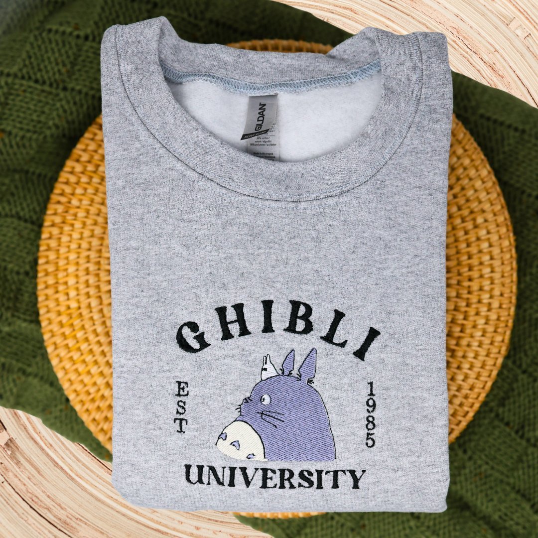 Ghibli University, Totoro Cute Anime Embroidered Crewneck - Embroiderzilla