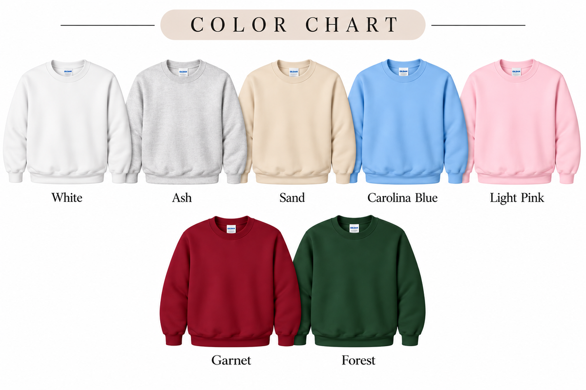 Color chart showing seven Gildan 18000 sweatshirt options: White, Ash, Sand, Carolina Blue, Light Pink, Garnet, and Forest.