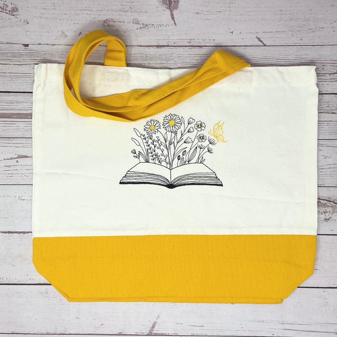 Handcrafted Book Lover's Tote with Blooming Pages Embroidered Tote Bag - Embroiderzilla