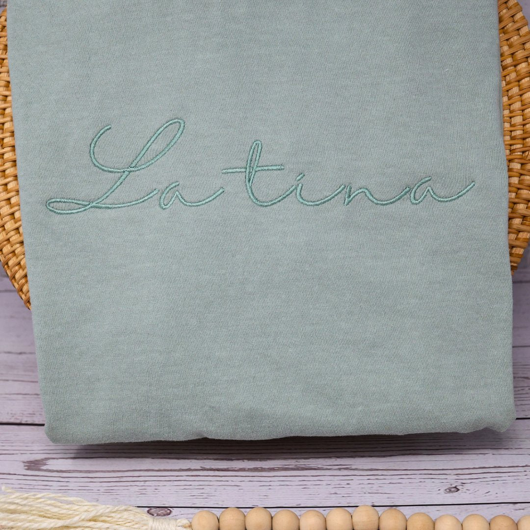 Latina Embroidered Cursive T-Shirt by Comfort Colors - Embroiderzilla