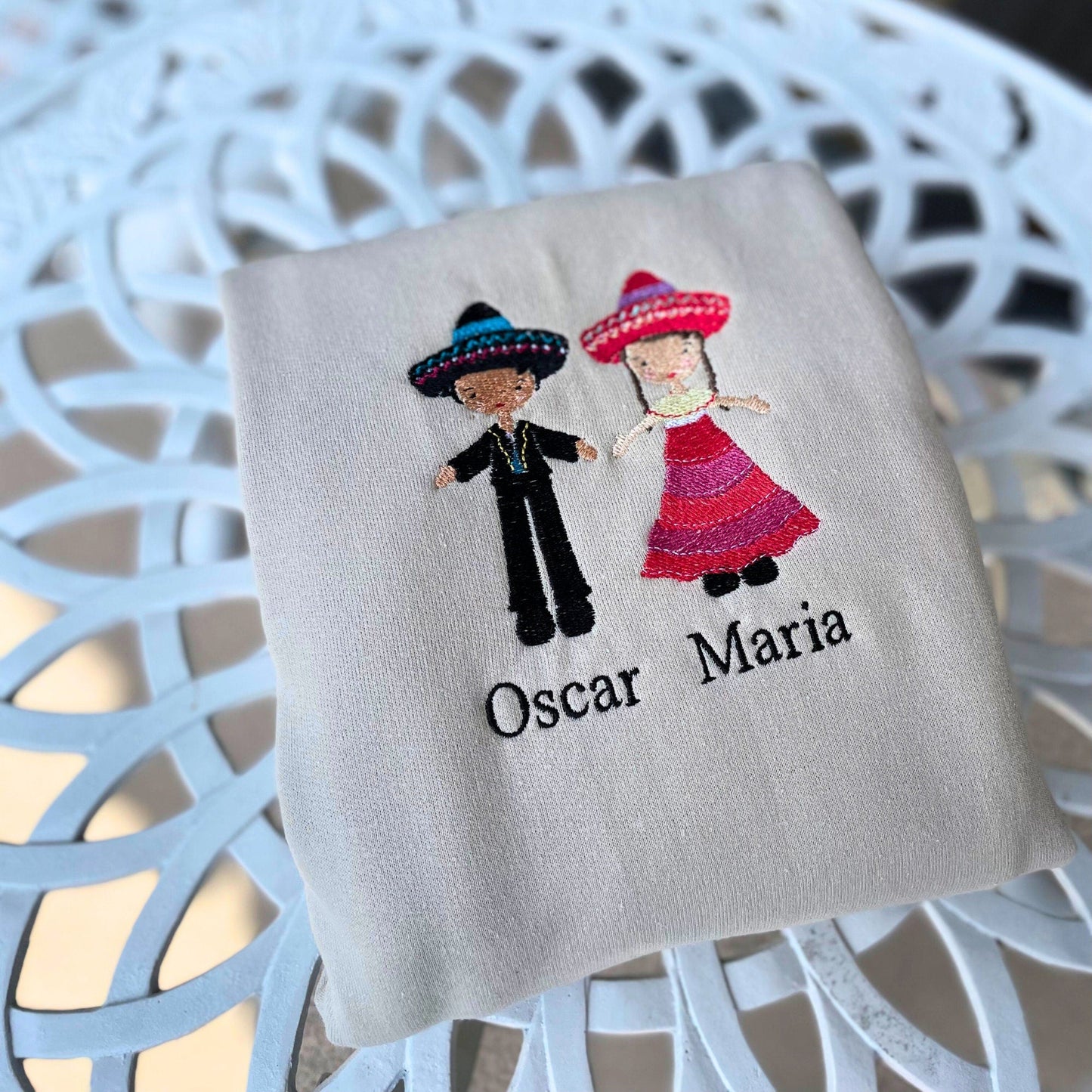 Mexican Couple Embroidered Sweater, Customized Name - Embroiderzilla