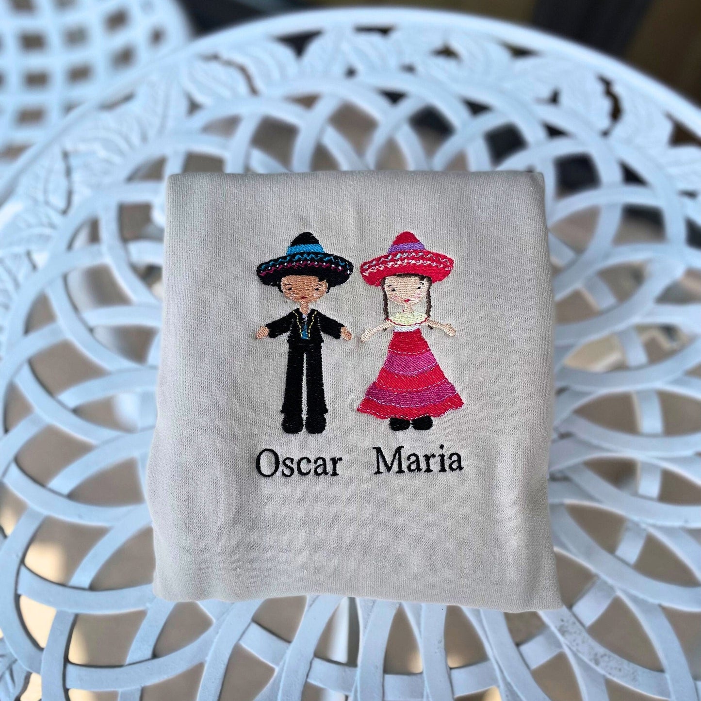 Mexican Couple Embroidered Sweater, Customized Name - Embroiderzilla