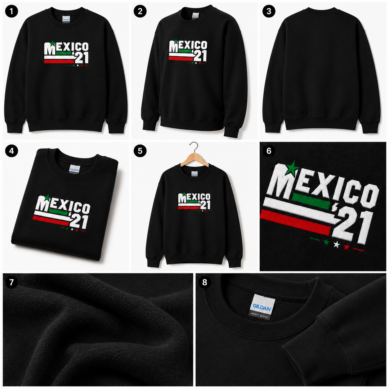Black Gildan Heavy Blend crewneck sweatshirt featuring Embroiderzilla's retro Mexico '21 embroidered design shown from multiple angles, including front, back, folded, hanging, embroidery close-up, fabric texture, and garment details.