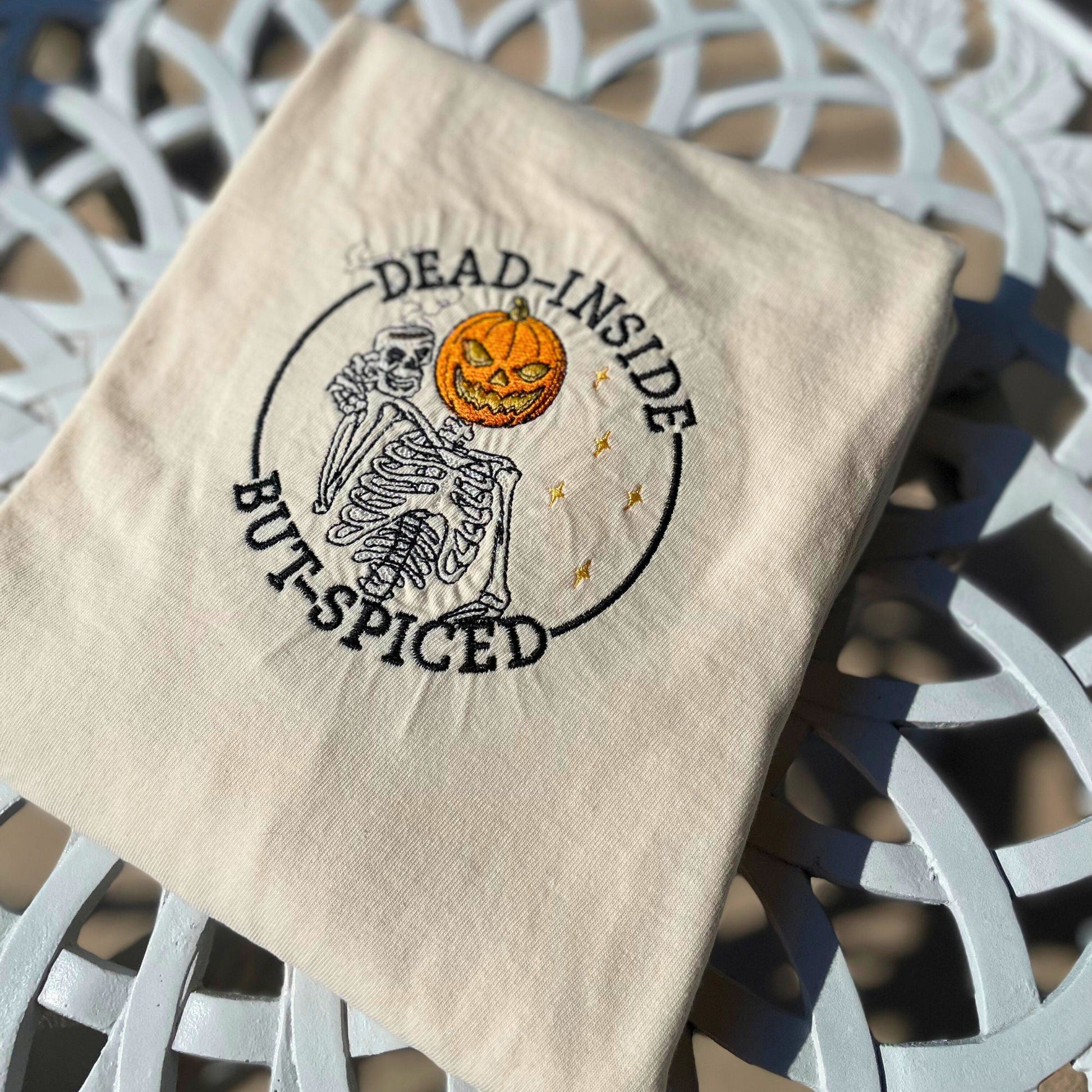 Pumpkin Skeleton Drinking Coffee Long Sleeve Shirt - Embroiderzilla