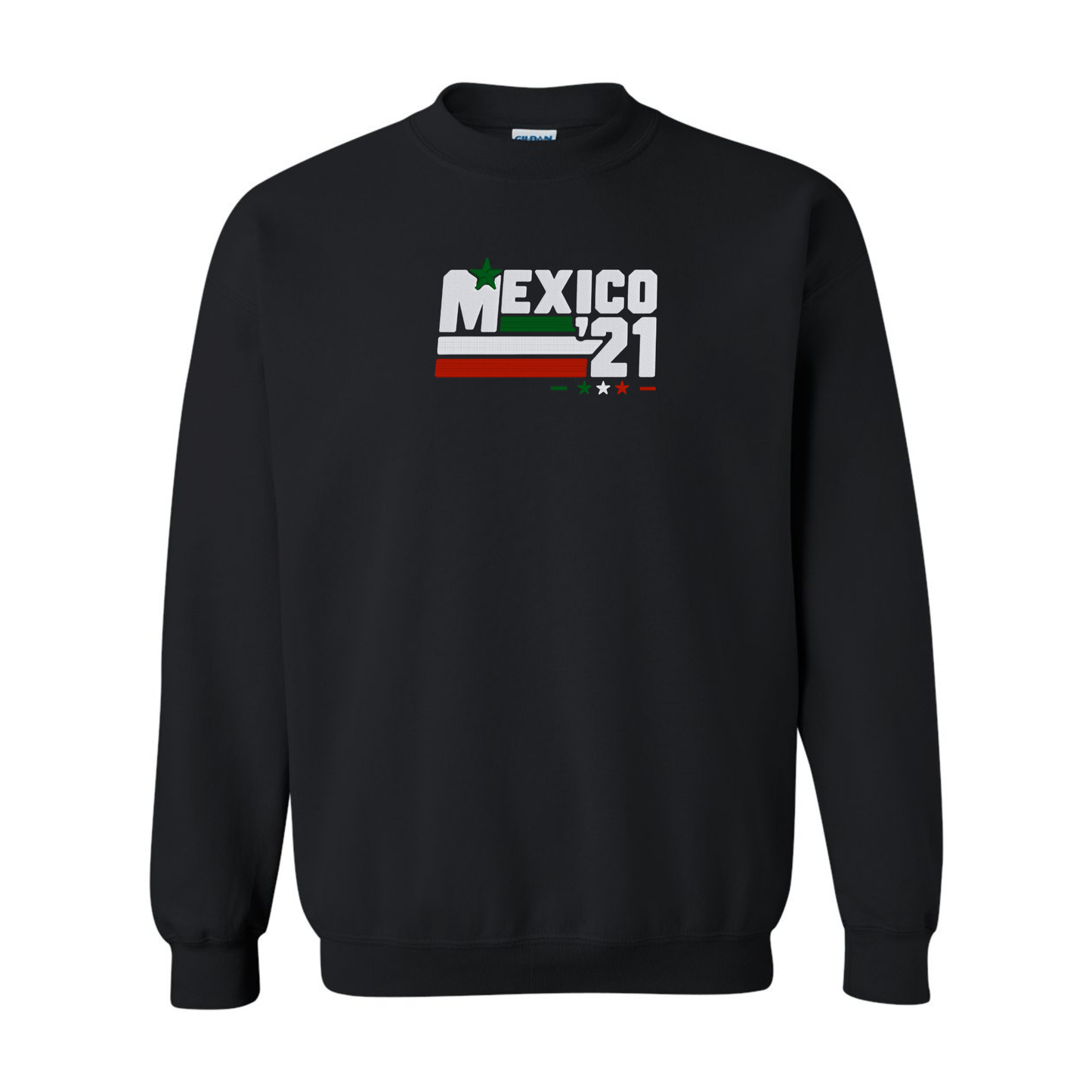 Black Gildan Heavy Blend crewneck sweatshirt featuring Embroiderzilla's retro Mexico '21 embroidered design on a white background.