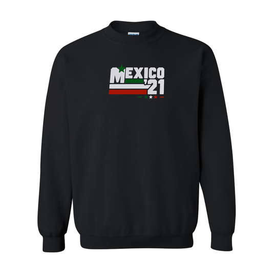 Black Gildan Heavy Blend crewneck sweatshirt featuring Embroiderzilla's retro Mexico '21 embroidered design on a white background.