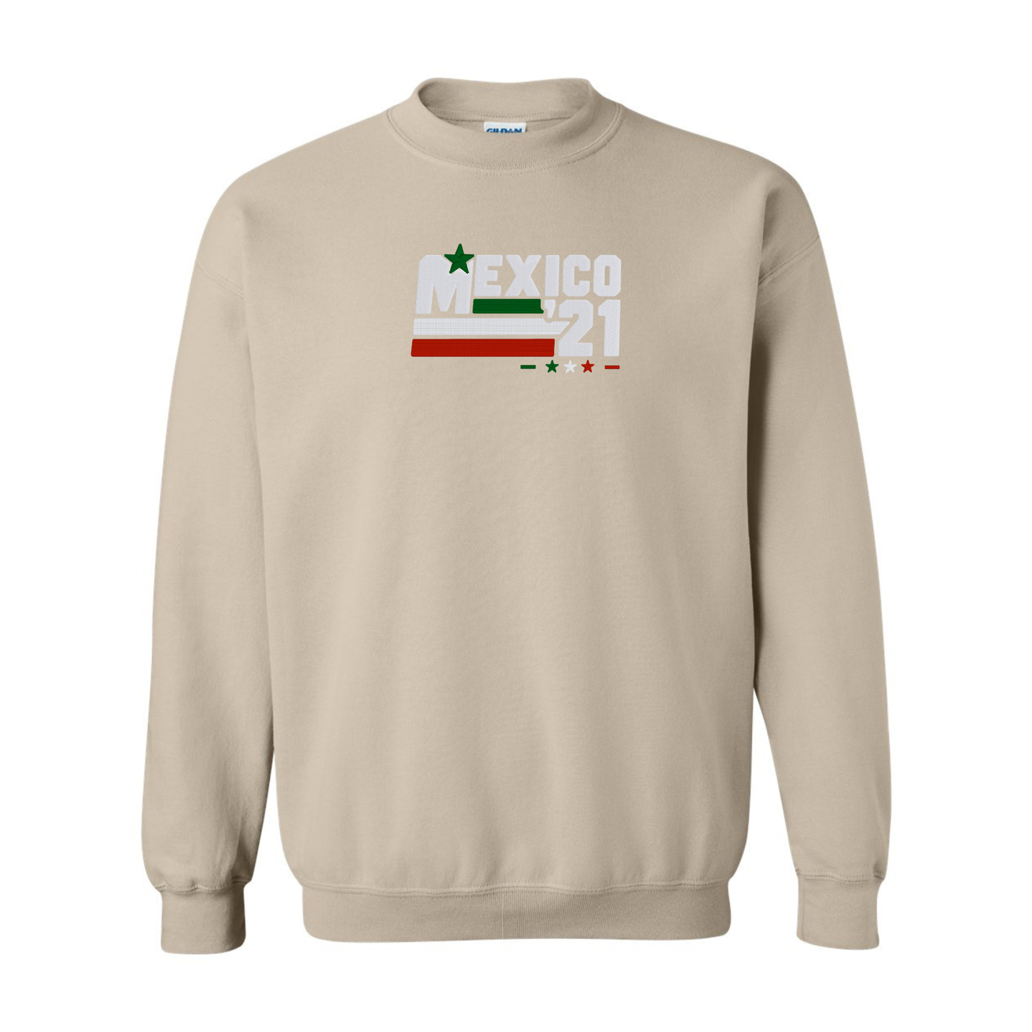 Sand Gildan Heavy Blend crewneck sweatshirt with retro Mexico '21 embroidered design by Embroiderzilla.