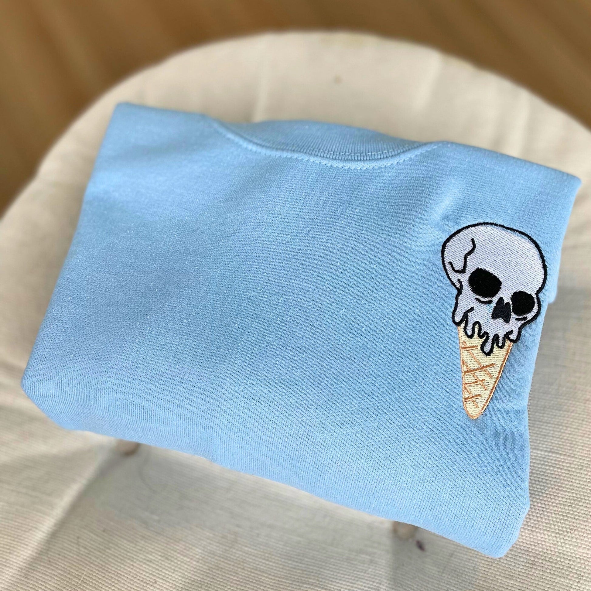 Skull Ice Cream Embroidered Crewneck Sweater - Embroiderzilla