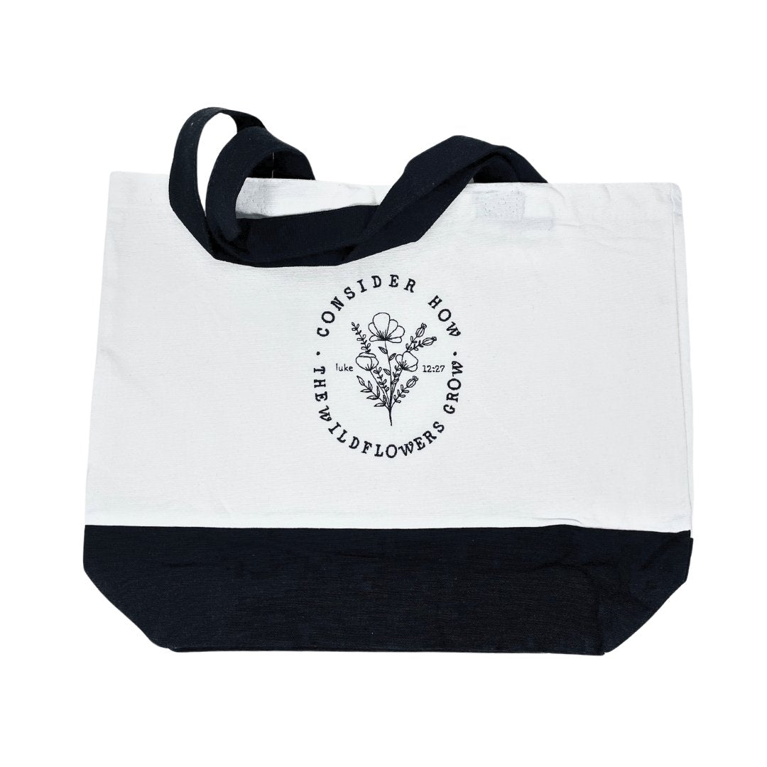 Wildflower Wisdom Embroidered Tote Bag - Luke 12:27 - Embroiderzilla